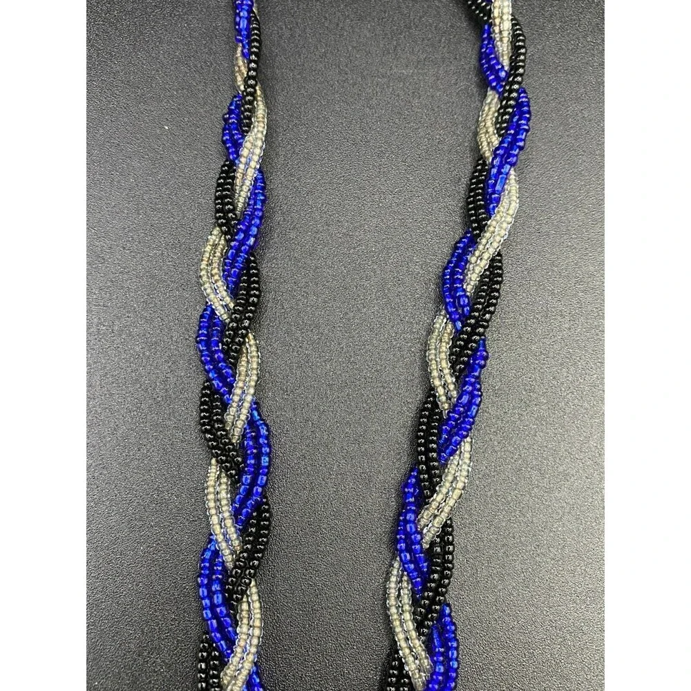 Blue Black and Clear Braided Glass Bead Lanyard
